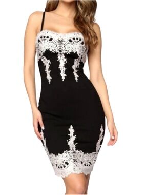 Haute Monde Black Cream Embroidered Lace‎ Bodycon Mini Dress Small Party Wedding